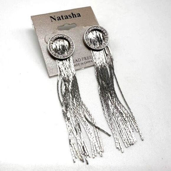 NWT Natasha Silver Tone Fringe Dangle & Pave Rhinestone Earrings Cocktail - Picture 7 of 10